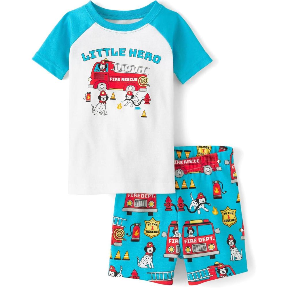 imageThe Childrens Place Baby Boys and Newborn Snug Fit 100 Cotton Sleeve Top and Shorts 2 Piece Pajama SetFiretruck