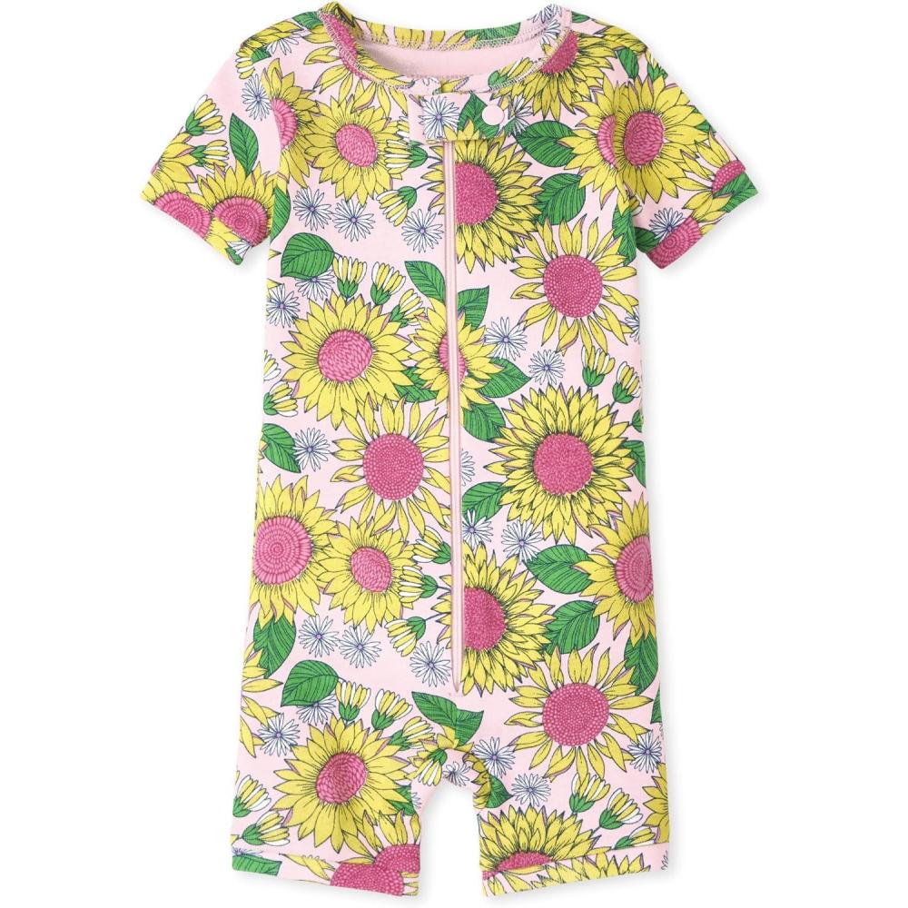 imageThe Childrens Place Baby Girls and Toddler Short Sleeve ZipFront One Piece Footless Pajama Snug Fit 100 CottonSunflowers