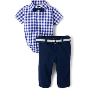 imageThe Childrens Place babyboys And Newborn Short Sleeve Button Down Shirt and Shorts 2 Piece Outfit SetRenew Blue Check