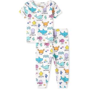 imageThe Childrens Place Baby Boys Snug Fit 100 Cotton Short Sleeve Top and Pants 2 Piece Pajama SetSea Friends