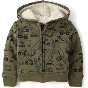 imageThe Childrens Place And Toddler Long Sleeve Sherpa Lined Zipfront Hoodie SweatshirtOlive Construction Trucks