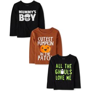 imageThe Childrens Place Baby Boys and Toddler DinoAnimalsSharks Long Sleeve Graphic TShirts3 PackMummys BoyCutest PumpkinGhouls Love