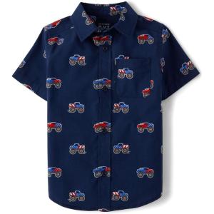 imageThe Childrens Place Baby Boys and Toddler Poplin Short Sleeve Button Down ShirtAmerica Monster Trucks