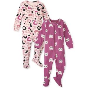 imageThe Childrens Place Baby Girls and Toddler 100 Cotton Long Sleeve Zip Front One Piece Footed PajamasSleep ampamp PlayLeopardCat Faces 2pack