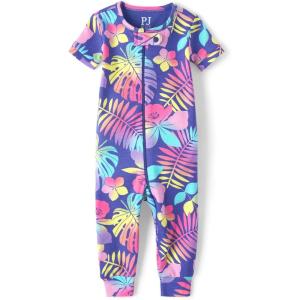 imageThe Childrens Place Baby Girls and Toddler Snug Fit 100 Cotton Short Sleeve ZipFront One Piece Footless PajamaPurple Tropical Palms