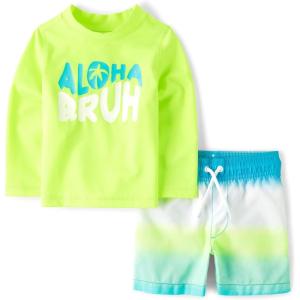 imageThe Childrens Place Boys and Toddler Long Sleeve Rashguard and Swim Trunks 2 Piece SetAloha Bruh