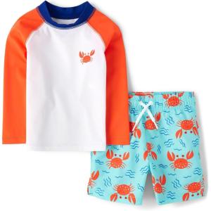 imageThe Childrens Place Boys and Toddler Long Sleeve Rashguard and Swim Trunks 2 Piece SetCrab Set