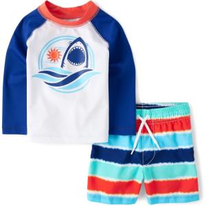 imageThe Childrens Place Boys and Toddler Long Sleeve Rashguard and Swim Trunks 2 Piece SetNavy Narrows