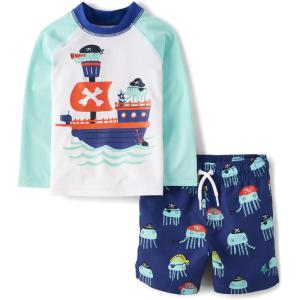 imageThe Childrens Place Boys and Toddler Long Sleeve Rashguard and Swim Trunks 2 Piece SetPirate Octopus