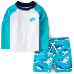 imageThe Childrens Place Boys and Toddler Long Sleeve Rashguard and Swim Trunks 2 Piece SetSea Sharks