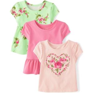 imageThe Childrens Place Baby Girls and Toddler Short Sleeve Everyday Casual Knit ShirtGreen Glow 3pack