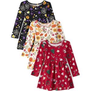 imageThe Childrens Place Baby Toddler Girls Long Sleeve Fashion Skater DressesSpooky DoodleHarvest PumpkinCheerful Trees