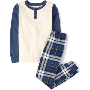 imageThe Childrens Place Boys 100 Cotton Long Sleeve Top and Pants 2 Piece Pajama SetTidal Plaid