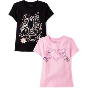 imageThe Childrens Place Girls All HolidaysBirthdays Short Sleeve Graphic TShirts2 PackSkeleton HeartSpooky Icons