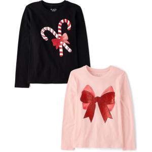 imageThe Childrens Place Kids All HolidaysBirthdays Long Sleeve Graphic TShirts2 PackBowCandy Canes