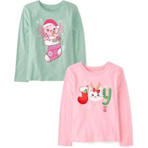 imageThe Childrens Place Kids All HolidaysBirthdays Long Sleeve Graphic TShirts2 PackCat HatJoy