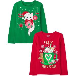 imageThe Childrens Place Kids All HolidaysBirthdays Long Sleeve Graphic TShirts2 PackCat OrnamentsFeliz Navidad