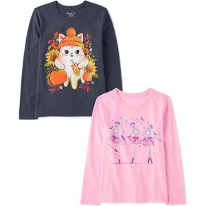 imageThe Childrens Place Kids All HolidaysBirthdays Long Sleeve Graphic TShirts2 PackCatSkeletons