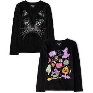imageThe Childrens Place Kids All HolidaysBirthdays Long Sleeve Graphic TShirts2 PackCatSpooky Doodle