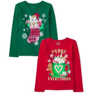 imageThe Childrens Place Kids All HolidaysBirthdays Long Sleeve Graphic TShirts2 PackMerry EverythingCat Stocking