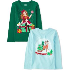 imageThe Childrens Place Kids All HolidaysBirthdays Long Sleeve Graphic TShirts2 PackNutcracker GirlSnowglobe