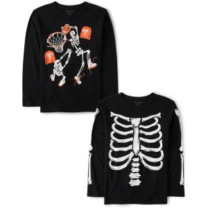 imageThe Childrens Place Kids All HolidaysBirthdays Long Sleeve Graphic TShirts2 PackSkeleton BasketballSkeleton