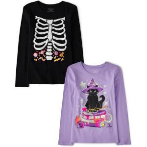 imageThe Childrens Place Kids All HolidaysBirthdays Long Sleeve Graphic TShirts2 PackSkeleton CandyWitch Cat