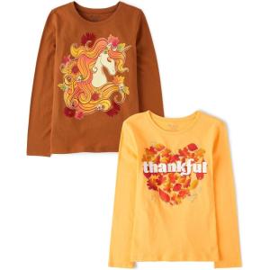 imageThe Childrens Place Kids All HolidaysBirthdays Long Sleeve Graphic TShirts2 PackSunflower UnicornThankful