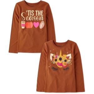 imageThe Childrens Place Kids All HolidaysBirthdays Long Sleeve Graphic TShirts2 PackTis the SeasonUnicorn Flower