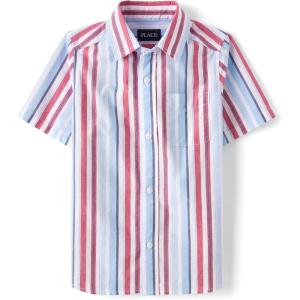 imageThe Childrens Place Boys Short Sleeve Button Down ShirtRed White and Blue Stripe