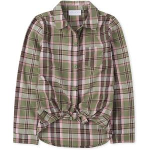 imageThe Childrens Place Girls Long Sleeve Plaid Twill Tie Front Button Down ShirtMint Green Plaid