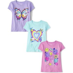 imageThe Childrens Place Girls Short Sleeve Graphic T ShirtButterflyRainbow HeartHappy