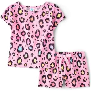 imageThe Childrens Place Girls Sleeve Top and Shorts2 Piece Pajama SetSparkle Pink Leopard