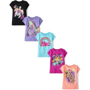 imageThe Childrens Place Girls TrendsIcons Short Sleeve Graphic TShirts5 PackLoveButterflySea TurtleGiraffe