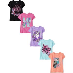 imageThe Childrens Place Girls TrendsIcons Short Sleeve Graphic TShirts5 PackUnicornOwlLoveMoonButterfly