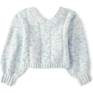 imageThe Childrens Place Girls Long Sleeve VNeck Pullover SweaterBlue Multi Bow Cable