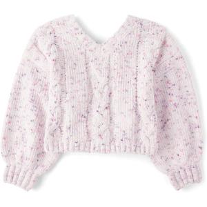 imageThe Childrens Place Girls Long Sleeve VNeck Pullover SweaterPurple Multi Bow Cable