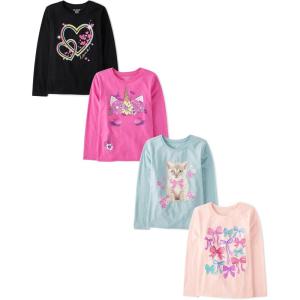 imageThe Childrens Place Girls UnicornsSportsButterflies Long Sleeve Graphic TShirts4 PackHeartsUnicornCatBows
