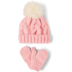 imageThe Childrens Place Unisex Baby And Toddler Winter Hat and Mittens Cold Weather SetFuzzy Pink Cable Set