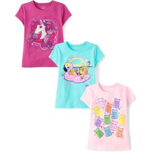 imageThe Childrens PlaceGirlsAssorted Everyday Short Sleeve Graphic TShirtsMultipacksFlamingoGummy BearsUnicorn 3PackSmall