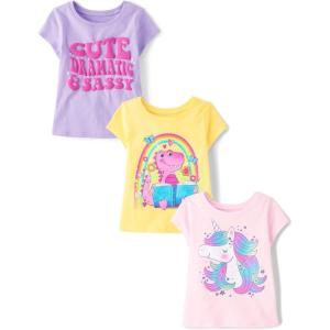imageThe Childrens Place Baby Girls and Toddler UnicornsButterfliesTrends Short Sleeve Graphic TShirts3 PackDinoUnicornCute