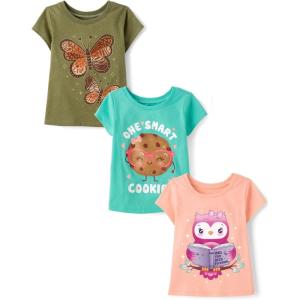 imageThe Childrens Place BabyGirls and Toddler SchoolLearning Short Sleeve Graphic TShirts3 PackButterfliesSmart CookieOwl Reader