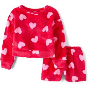 imageThe Childrens Place girls 100 Fleece Long Sleeve Top and Shorts2 Piece Pajama SetRhumba Red Hearts