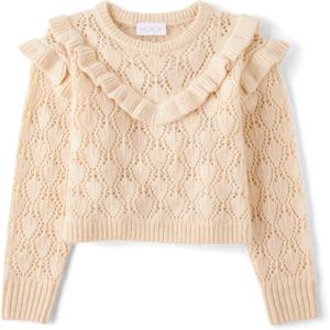 imageThe Childrens Place Girls Long Sleeve Crew Neck Pullover SweaterBeige Ruffle