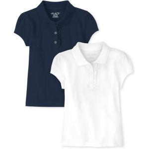 imageThe Childrens Place Girls Short Sleeve Ruffle Pique Polo 2 PackTidalWhite