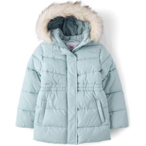 imageThe Childrens Place girls Water and Wind Resistant Hooded Zip Front Mid Length Puffer Jacket Faux Fur LinedFrosty