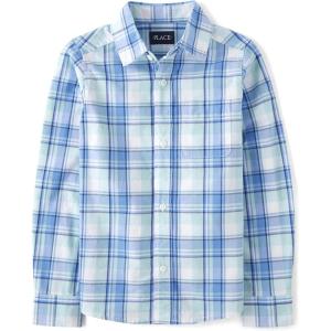 imageThe Childrens Place Big Boys Long Sleeve Poplin Button Down ShirtAqua Plaid
