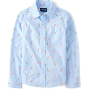 imageThe Childrens Place Big Boys Long Sleeve Poplin Button Down ShirtBlue Carrot Print