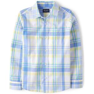 imageThe Childrens Place Big Boys Long Sleeve Poplin Button Down ShirtBlue Yellow Plaid