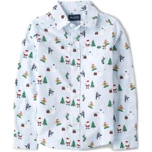 imageThe Childrens Place Big Boys Long Sleeve Poplin Button Down ShirtChristmas Print